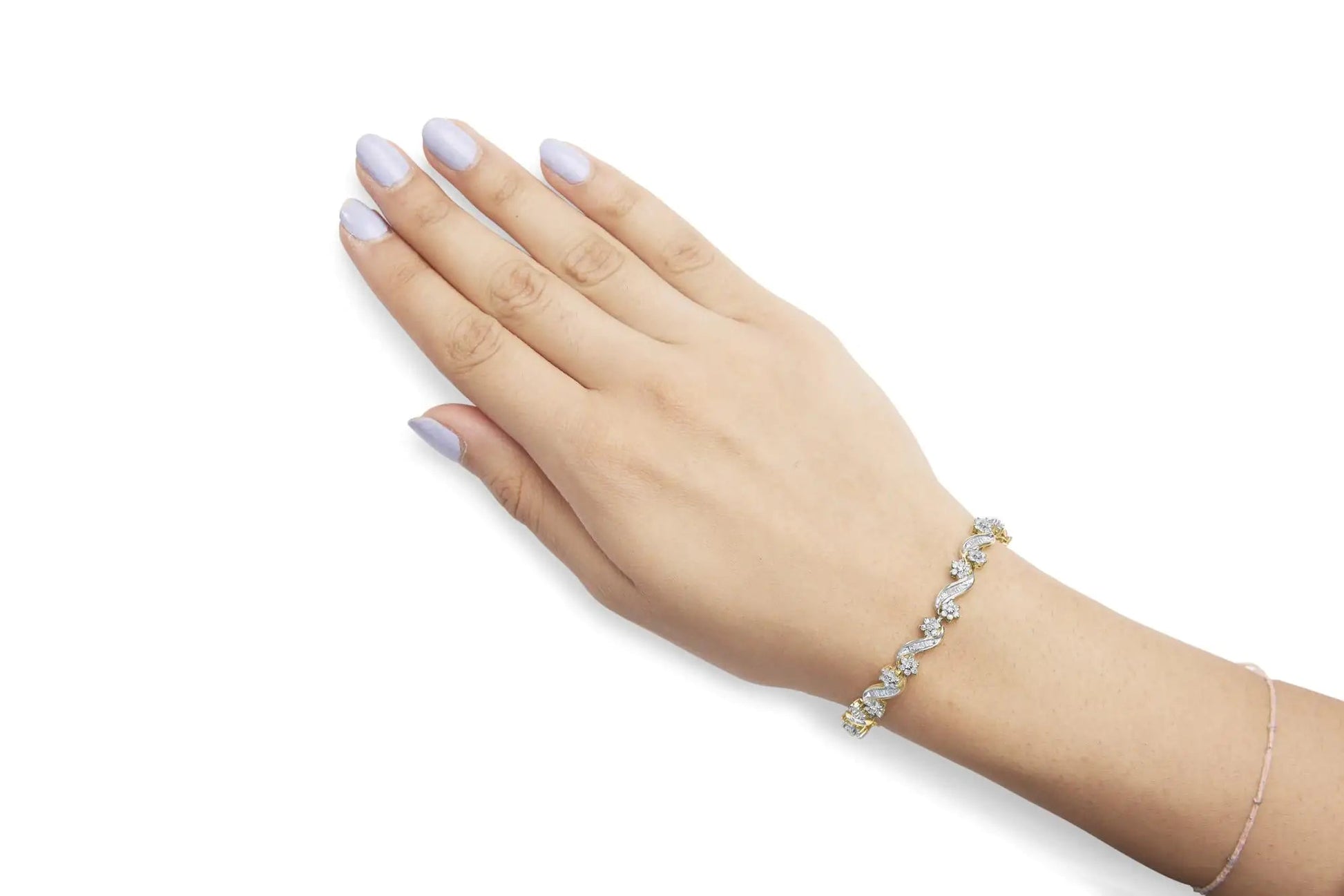 10k Yellow Gold 3.00 Cttw Round-Cut and Baguette-Cut Floral Link 7.25" Bracelet (I-J Color, I1-I2 Clarity) WEM Support (www.WEM.support)