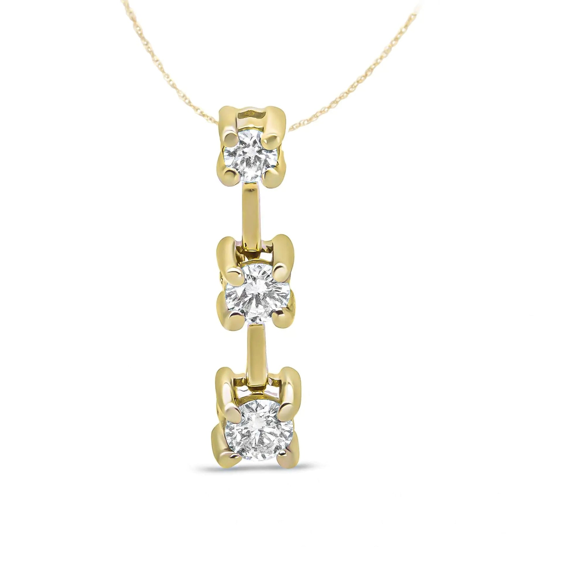 14K Gold Round Diamond Three-Stone Drop Pendant 18" Necklace - (H-I Color, SI1-SI2 Clarity) WEM Support (www.WEM.support)