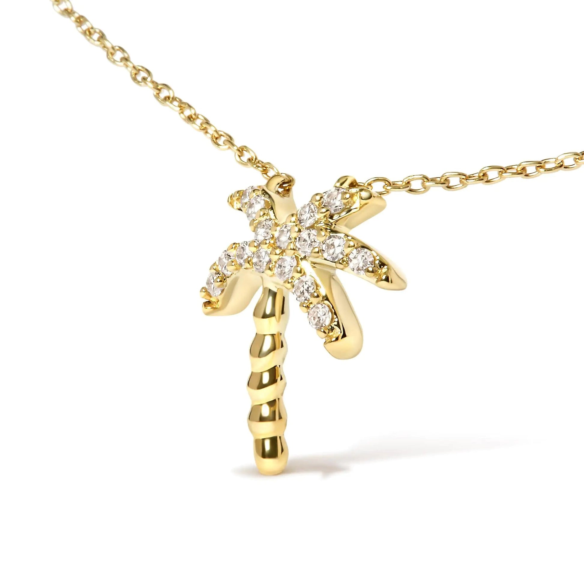 10K Yellow Gold 1/10 Cttw Round Diamond Palm Tree 18" Inch Pendant Necklace (H-I Color, I1-I2 Clarity) WEM Support (www.WEM.support)