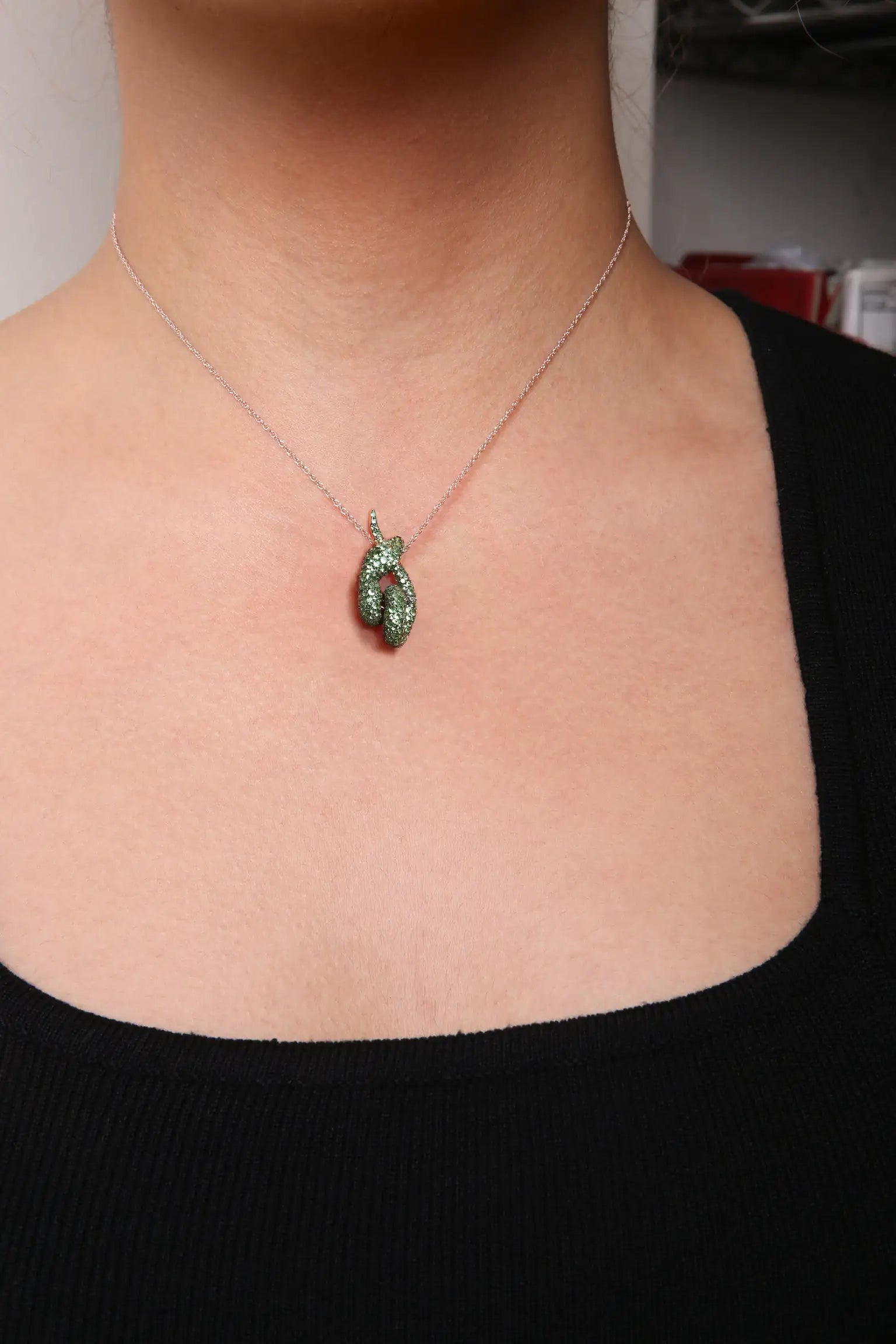18K Rose Gold Round Green Tsavorite Gemstone Cluster Spiral Snake Design 18" Pendant Necklace (AAA+ Quality) WEM Support (www.WEM.support)