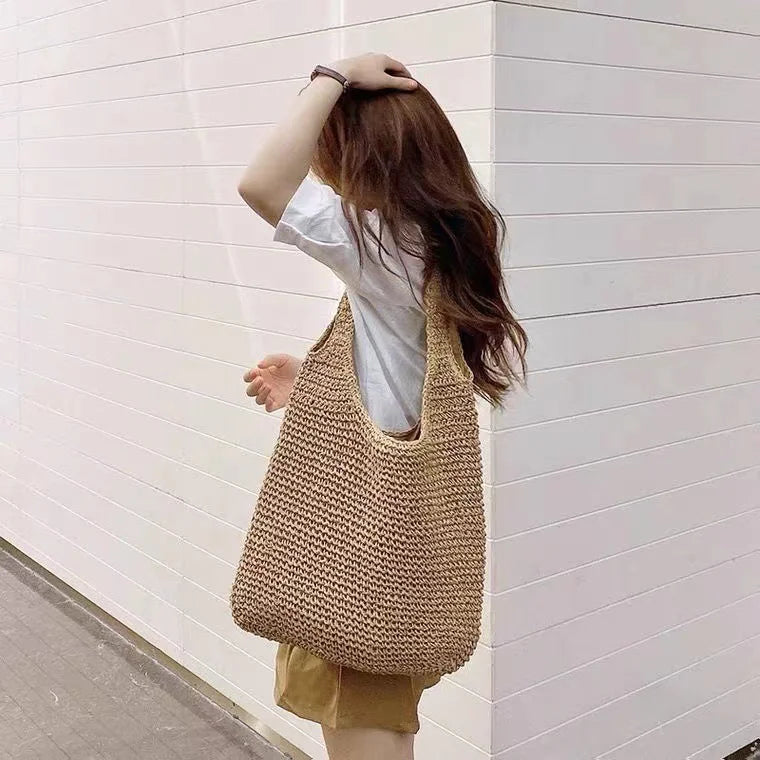 Women's Simple Holiday Straw Shoulder Bag WEM Support (www.WEM.support)