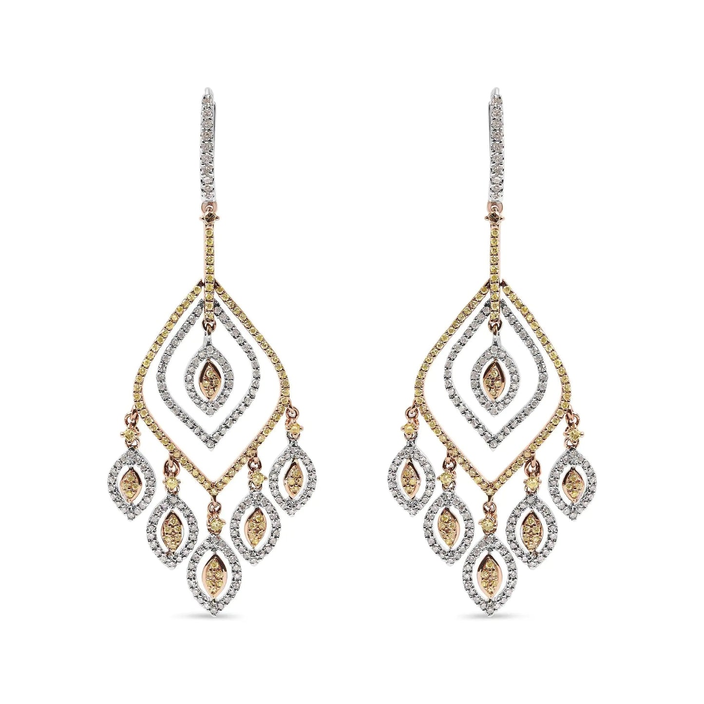 14K White and Rose Gold 2 1/2 Cttw Diamond Curved Rhombus Shape Drop and Chandelier Style Dangle Earring (J-K Color, I2-I3 Clarity) WEM Support (www.WEM.support)