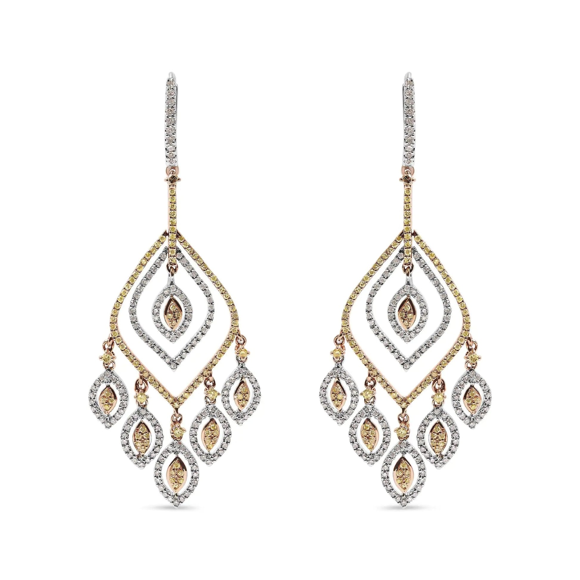 14K White and Rose Gold 2 1/2 Cttw Diamond Curved Rhombus Shape Drop and Chandelier Style Dangle Earring (J-K Color, I2-I3 Clarity) WEM Support (www.WEM.support)
