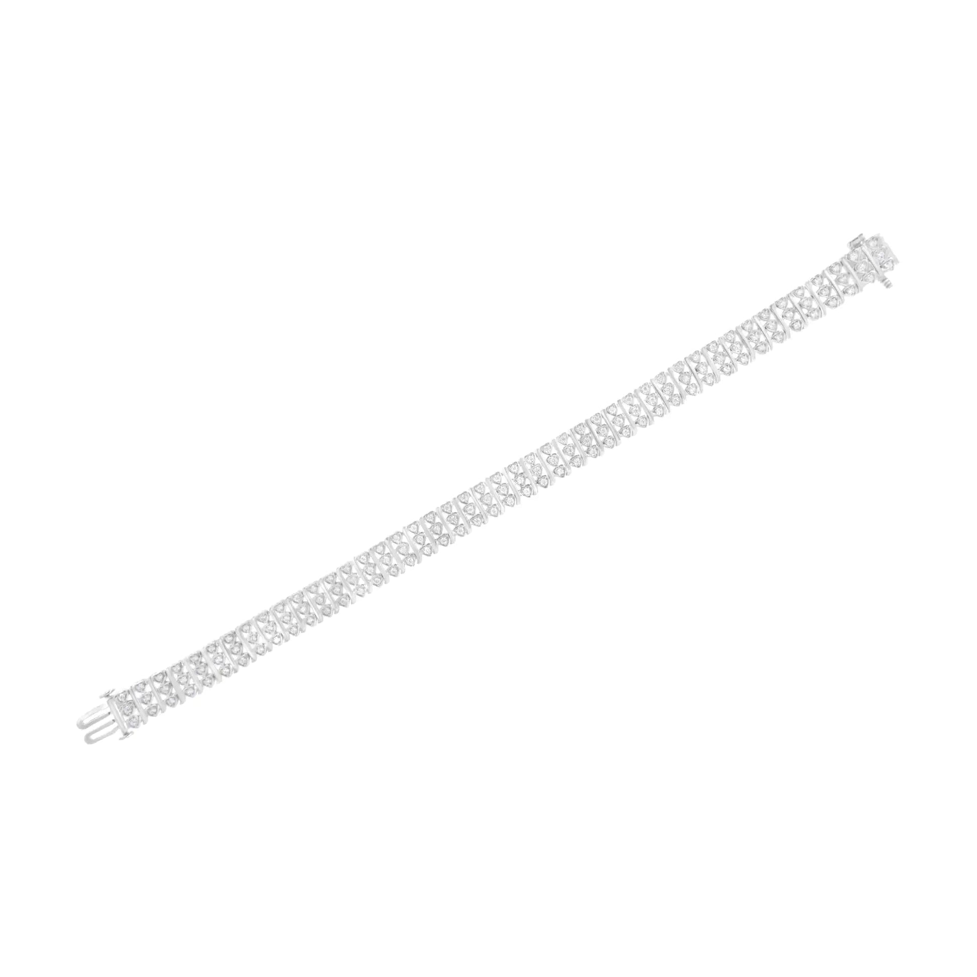 .925 Sterling Silver 1 1/2 cttw Round Diamond 3 Row Heart Link Bracelet (I-J Color,I3 Clarity) - 7.25 " WEM Support (www.WEM.support)