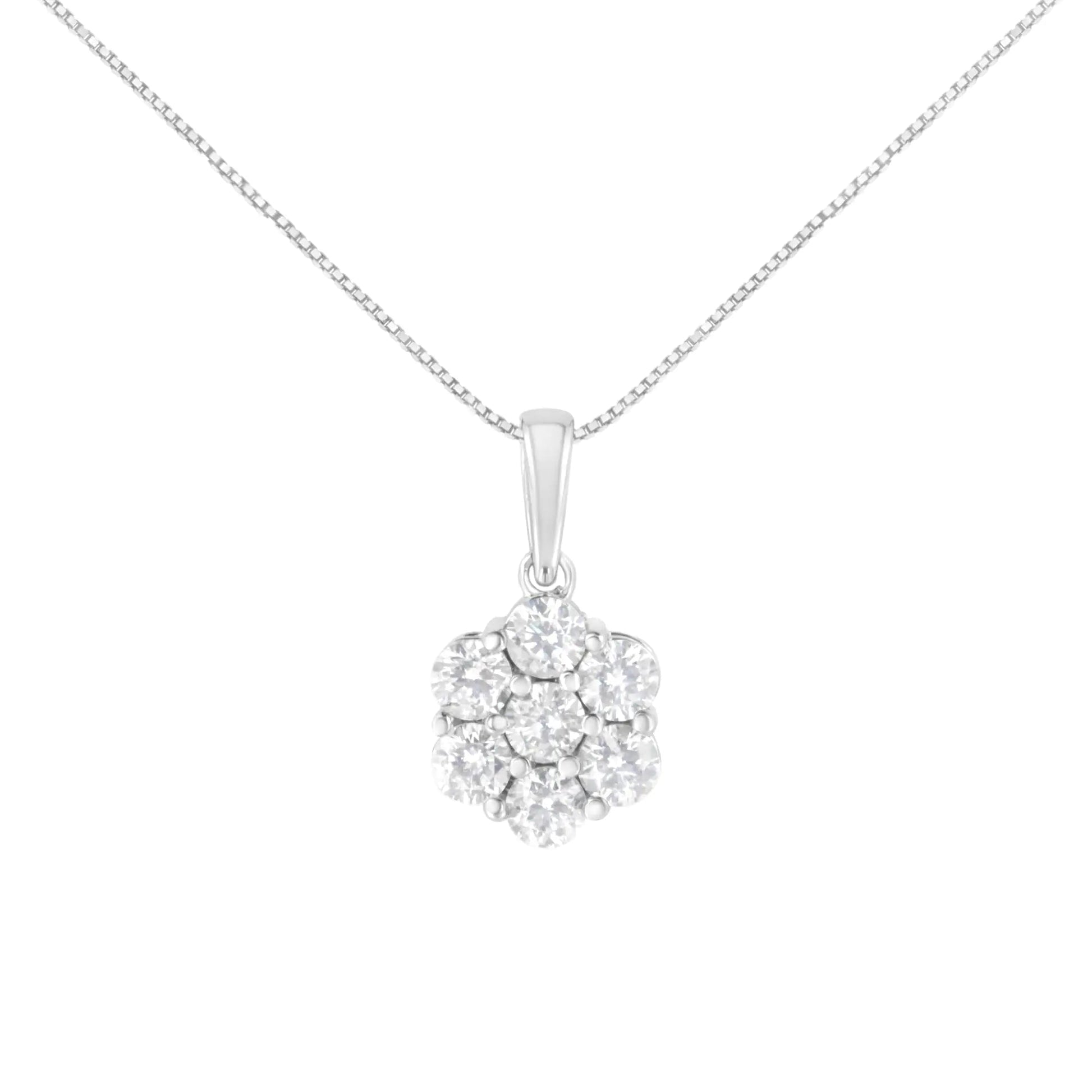 14K White Gold 2.00 Cttw Brilliant Round-Cut Diamond 7 Stone Flower Cluster 18" Pendant Necklace (H-I Color, SI2-I1 Clarity) WEM Support (www.WEM.support)