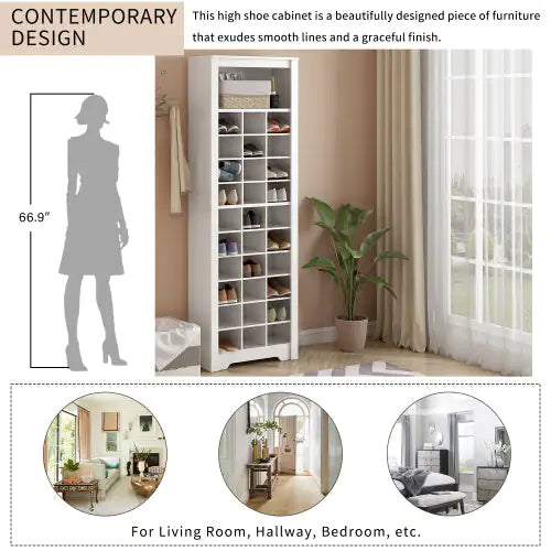 Stylish Design 30 Shoe Cabinet Console, Modern Shoe Cabinet, Multiple Storage Capacity, Self-standing High Cabinet, Suitable For Hallway, Bedroom, White WEM Support (www.WEM.support)