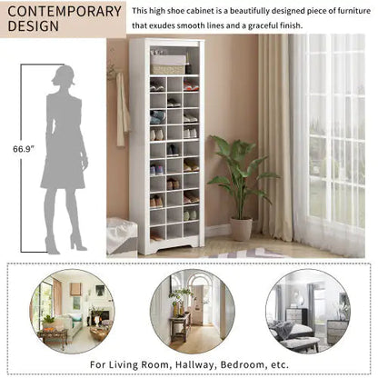 Stylish Design 30 Shoe Cabinet Console, Modern Shoe Cabinet, Multiple Storage Capacity, Self-standing High Cabinet, Suitable For Hallway, Bedroom, White WEM Support (www.WEM.support)