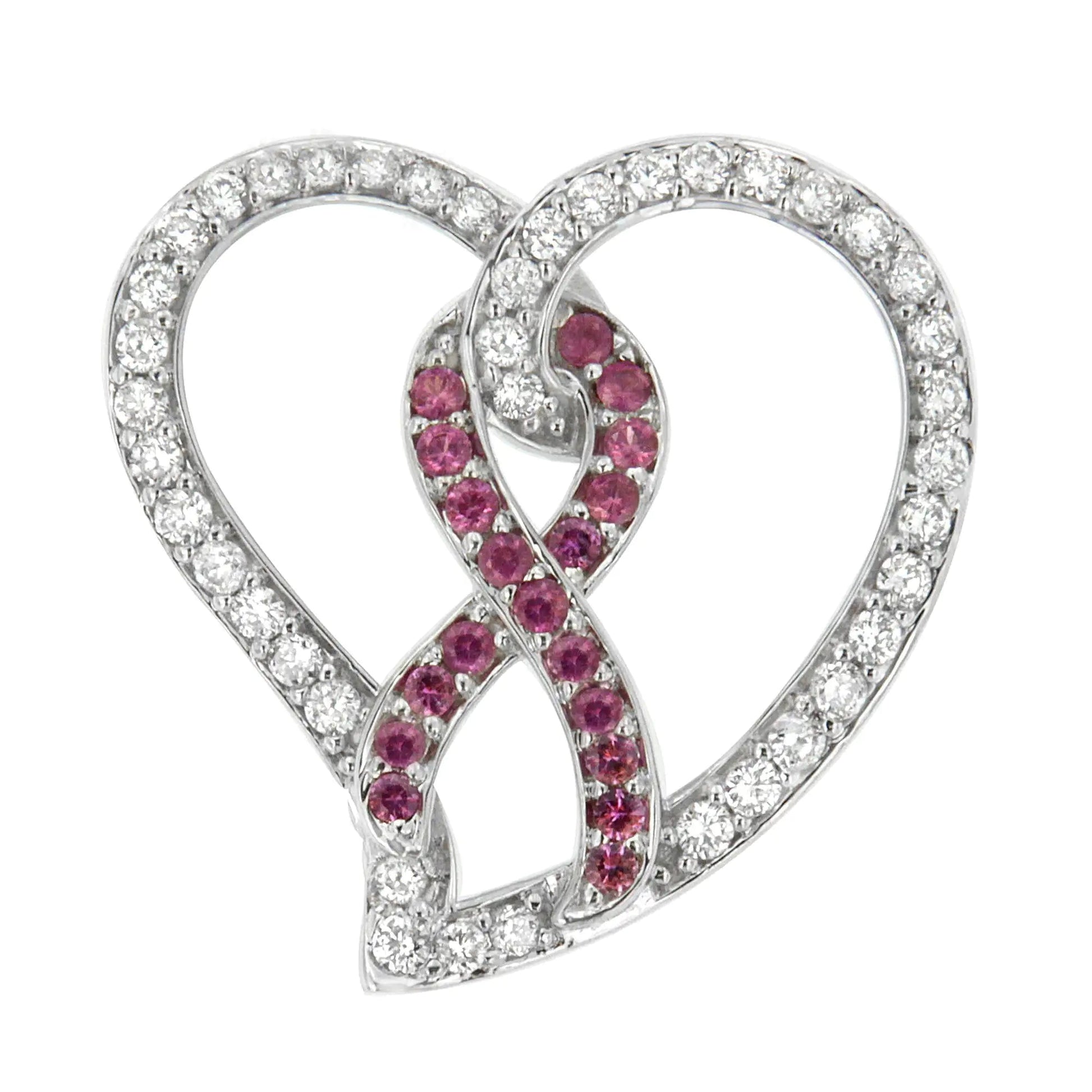 14K White Gold 3/4 Cttw White Diamond Awareness Ribbon & Open Heart 18" Pendant Necklace (H-I Color, I1-I2 Clarity) - 3/8 Cttw Created Pink Sapphire Ribbon WEM Support (www.WEM.support)