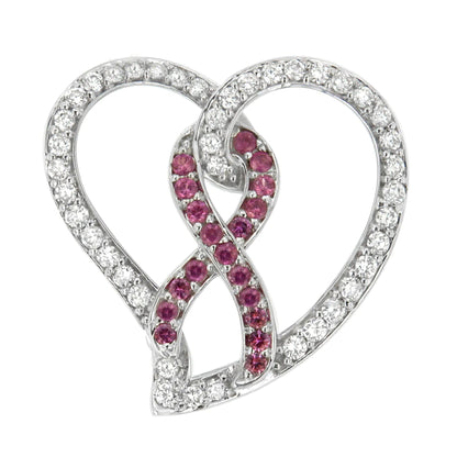 14K White Gold 3/4 Cttw White Diamond Awareness Ribbon & Open Heart 18" Pendant Necklace (H-I Color, I1-I2 Clarity) - 3/8 Cttw Created Pink Sapphire Ribbon WEM Support (www.WEM.support)