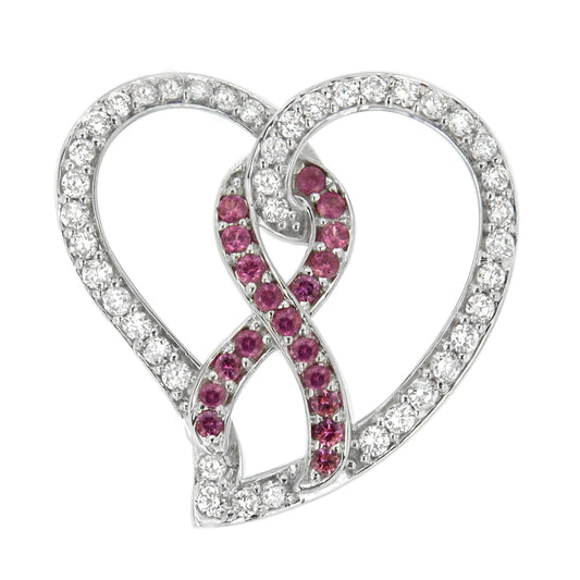 14K White Gold 3/4 Cttw White Diamond Awareness Ribbon & Open Heart 18" Pendant Necklace (H-I Color, I1-I2 Clarity) - 3/8 Cttw Created Pink Sapphire Ribbon WEM Support (www.WEM.support)