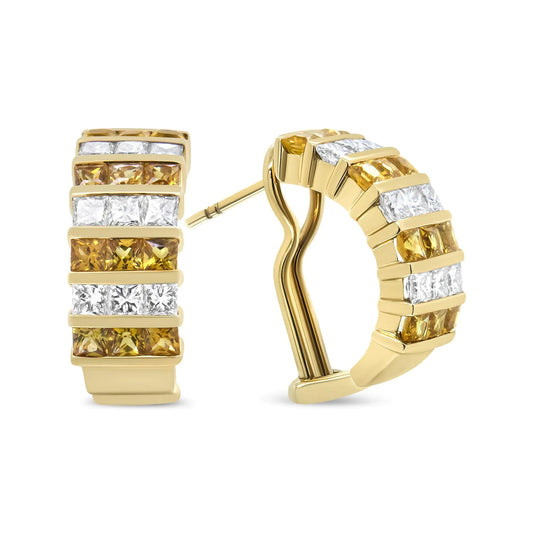 18K Yellow Gold 1 3/4 Cttw Invisible Set Princess Cut Diamond and 2.5mm Yellow Sapphire Huggie Hoop Earrings (F-G Color, VS1-VS2 Clarity) WEM Support (www.WEM.support)