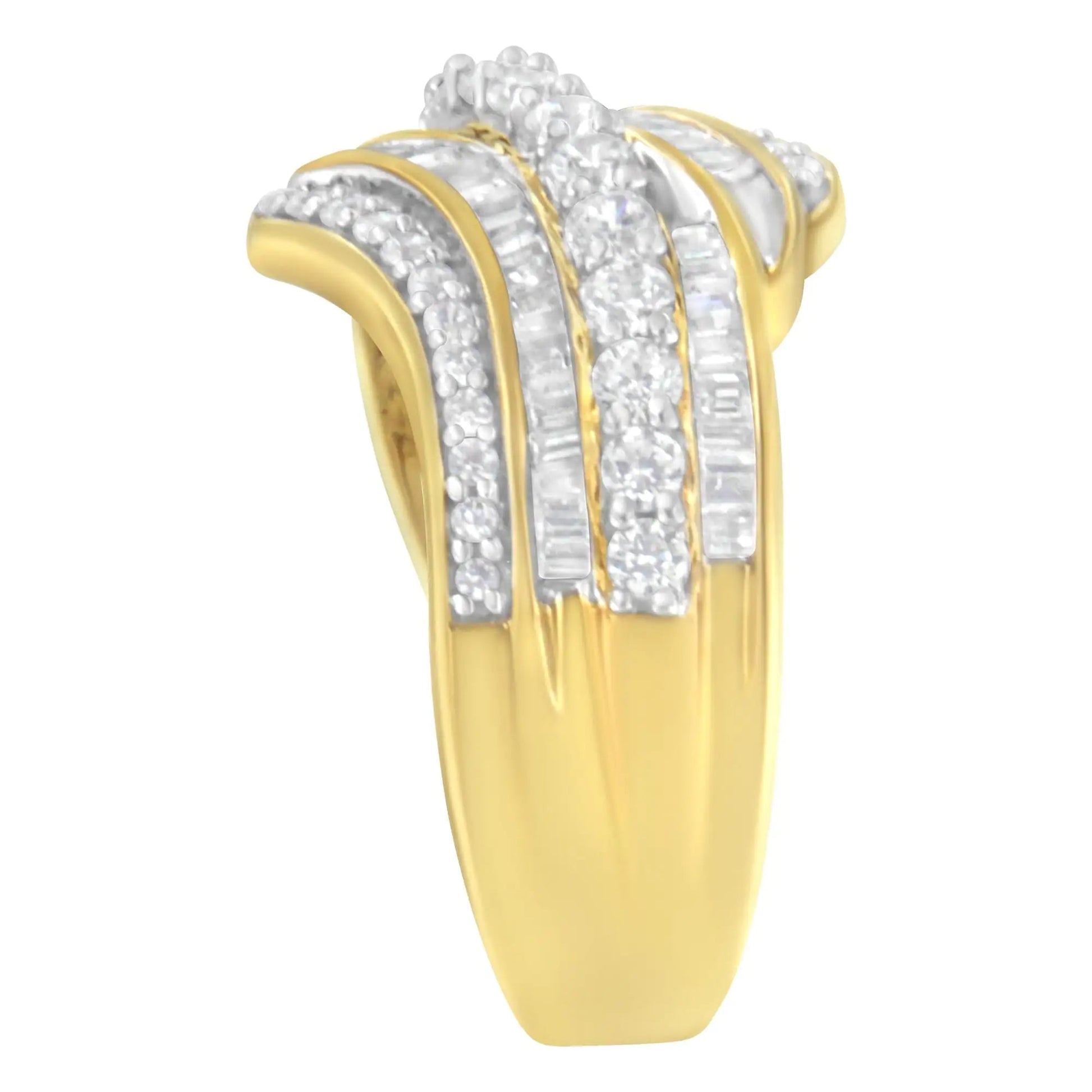 10K Yellow Gold 1.0 Cttw Baguette and Round Diamond Multi-Row Wave Bypass Ring (I-J Color, I1-I2 Clarity) WEM Support (www.WEM.support)