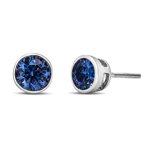 14K Weißgold 1,0 Cttw Blauer Laborgezüchteter Diamant Schraubverschluss Klassischer Bezel Solitär Ohrstecker (Blaue Farbe, VS2-SI1 Reinheit) WEM Support (www.WEM.support)