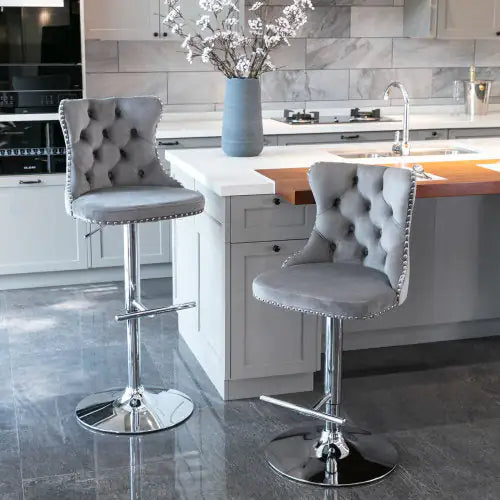 Swivel Velvet Barstools Adjusatble Seat Height From 25-33 Inch Gray Set Of 2 WEM Support (www.WEM.support)