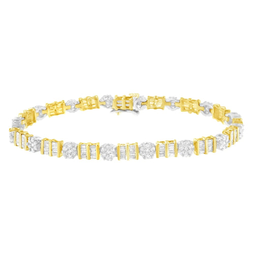 14K Gold 3-3/8 Cttw Round & Baguette-Cut Diamond Cluster Alternating Station 7" Tennis Bracelet (H-I Color, I1-I2 Clarity) WEM Support (www.WEM.support)