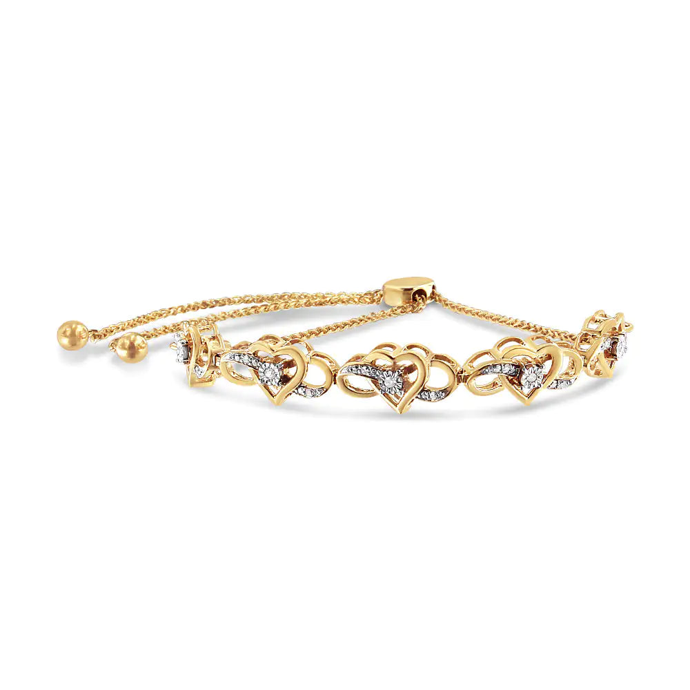 14K Yellow Gold Plated .925 Sterling Silver 1/10 Cttw Diamond Infinity Heart Shaped 4”-10” Adjustable Bolo Bracelet (H-I Color, I2-I3 Clarity) WEM Support (www.WEM.support)