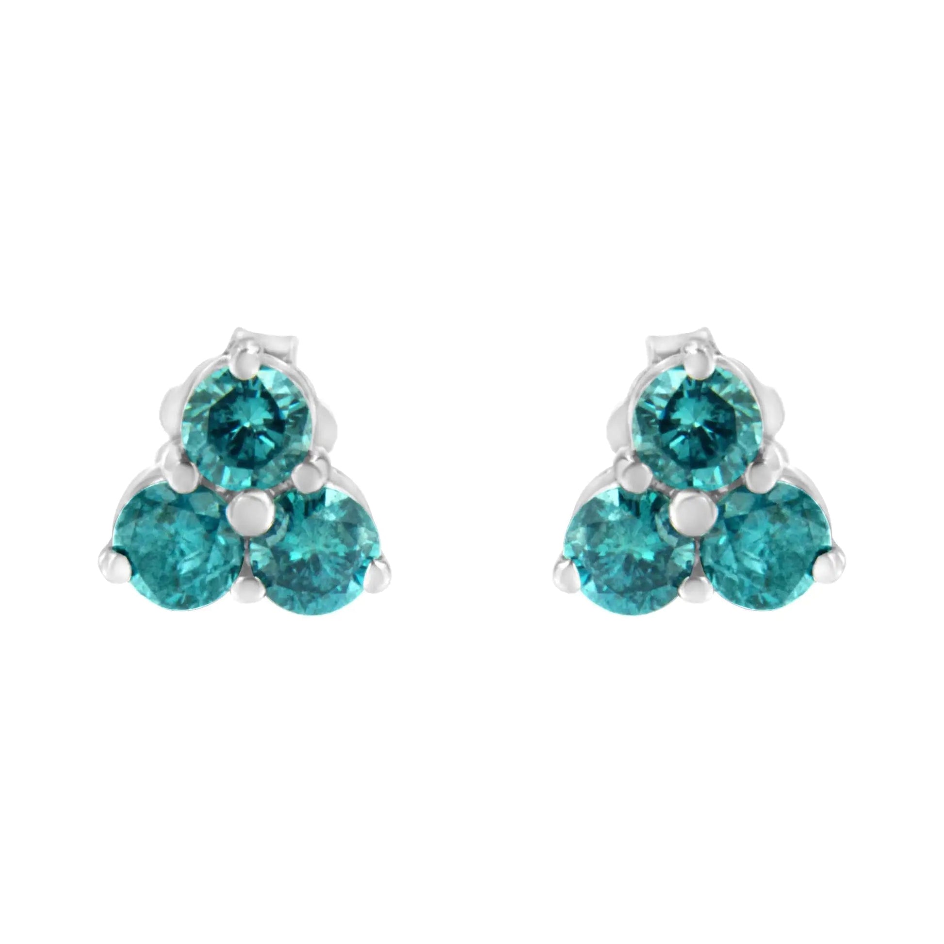 14KT White Gold Treated Blue Diamond Trio Stud Earrings (1 1/3 cttw, Blue) WEM Support (www.WEM.support)