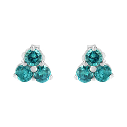 14KT White Gold Treated Blue Diamond Trio Stud Earrings (1 1/3 cttw, Blue) WEM Support (www.WEM.support)