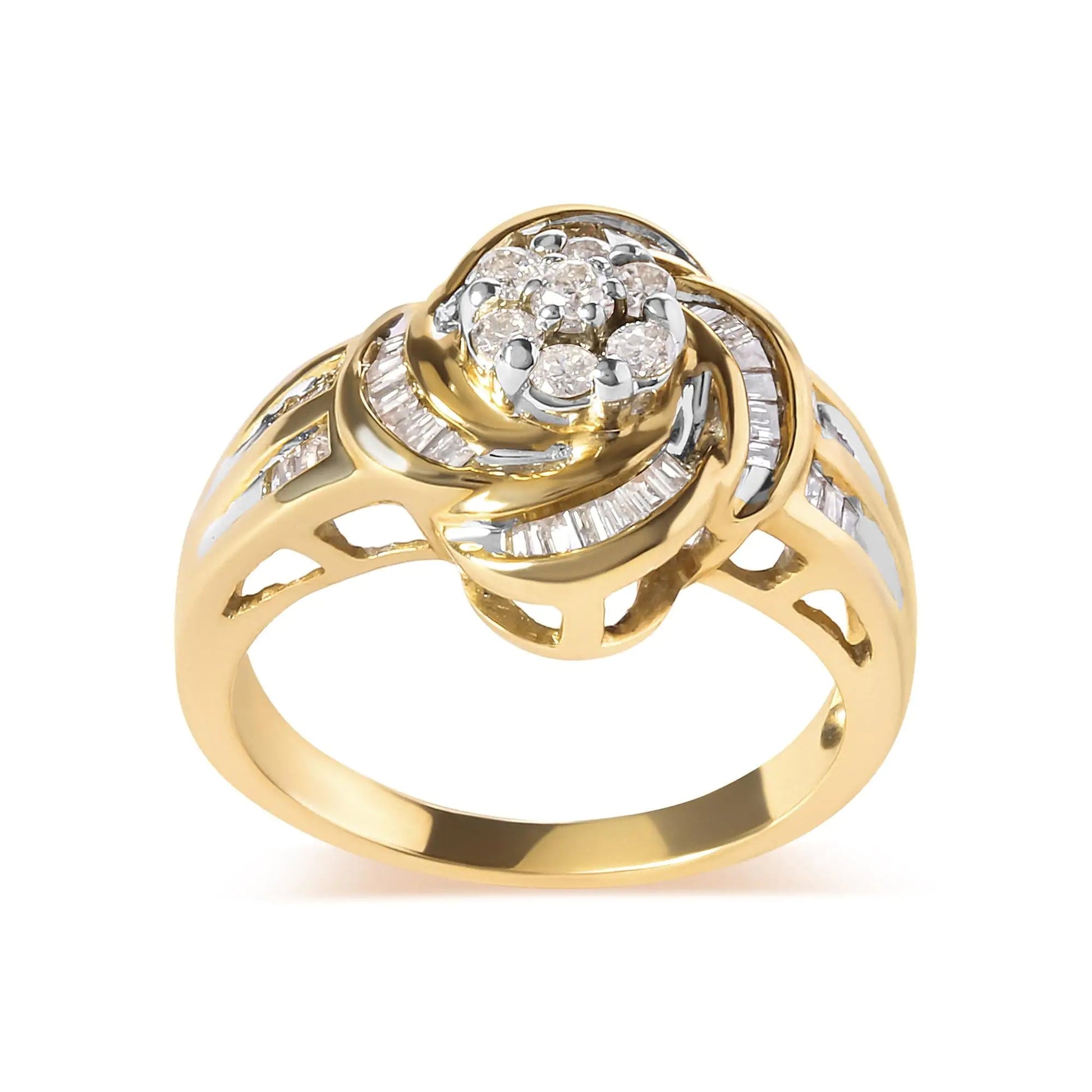 10K Yellow Gold 1/2 Cttw Round and Baguette Diamond Flower Swirl Cocktail Ring (I-J Color, SI2-I1 Clarity) WEM Support (www.WEM.support)