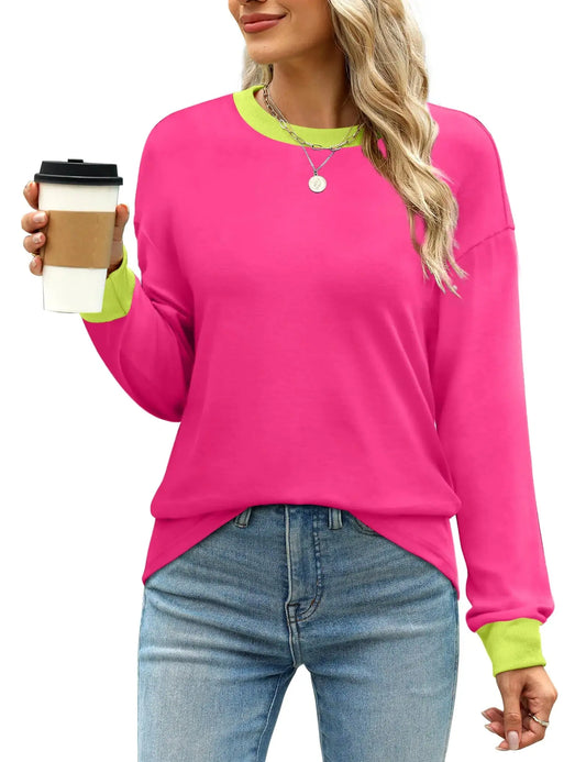 WIHOLL Womens Tunic Tops Long Sleeve Striped Shirts Crewneck Tops Plain Hot Pink X-Large My Store