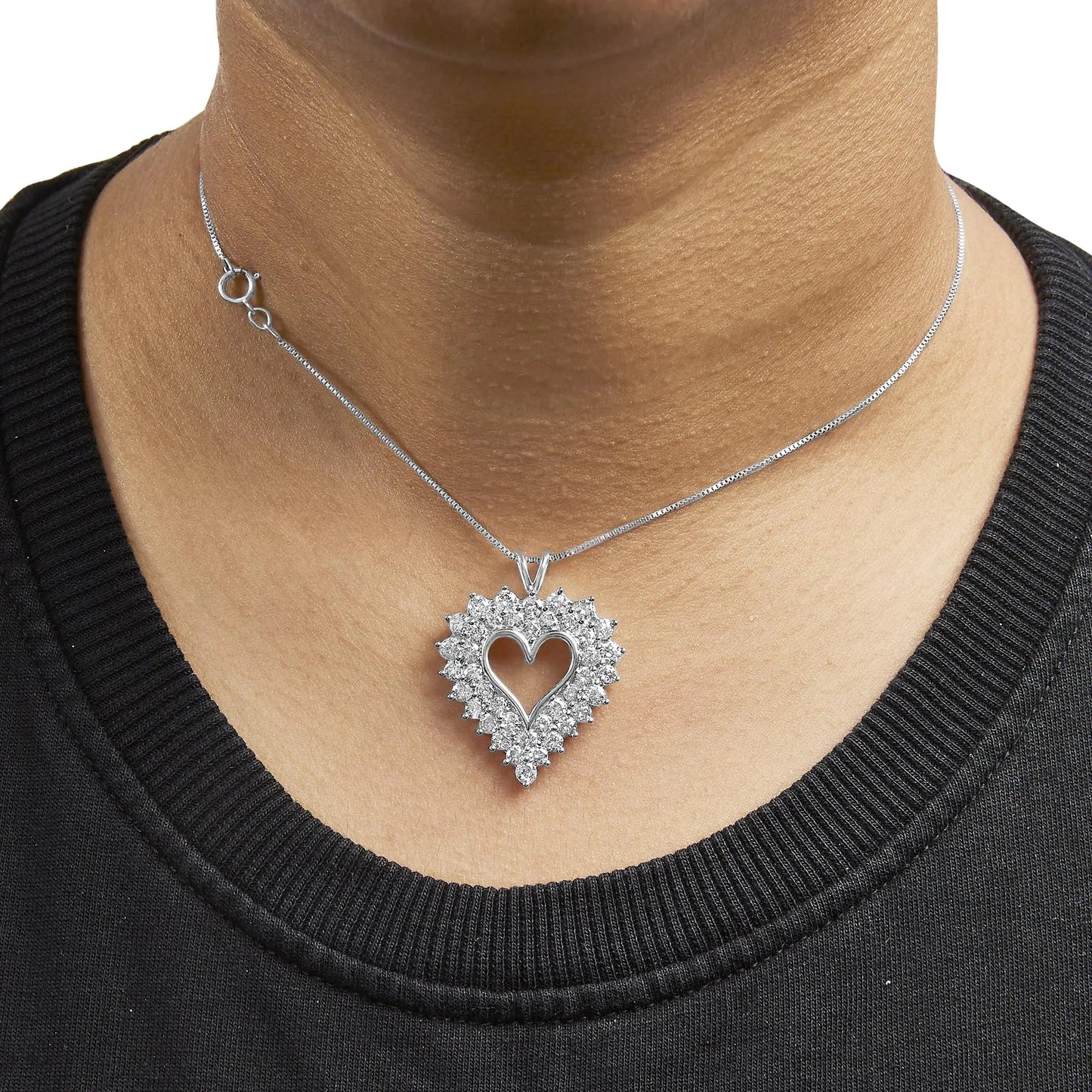 925 Sterling Silver 4.0 Cttw Diamond Two Row Open Heart 18" Pendant Necklace (I-J Color, I2-I3 Clarity) WEM Support (www.WEM.support)