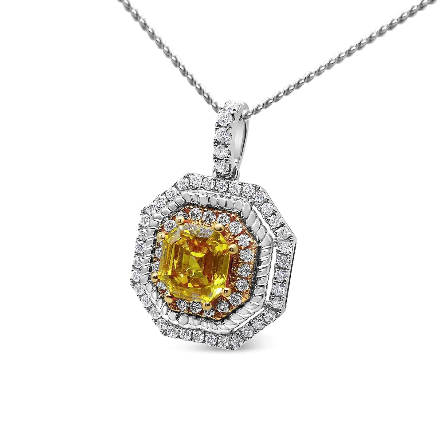 18K Weiß- und Gelbgold 2 1/4 Cttw Laborgezüchteter Gelber Asscher Schliff Diamant Art Deco Stil Halo 18" Anhänger Halskette (Gelb/G-H Farbe, VS1-VS2 Reinheit) WEM Support (www.WEM.support)