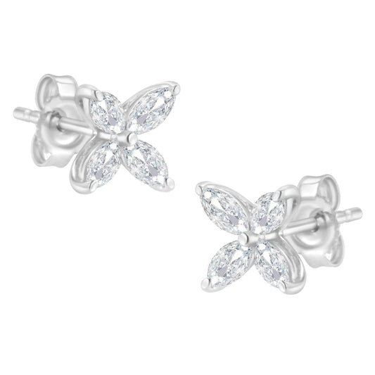 14K White Gold 3/4 Cttw Marquise Diamond 8 Stone Floral Leaf Stud Earrings (H-I Color, SI1-SI2 Clarity) WEM Support (www.WEM.support)