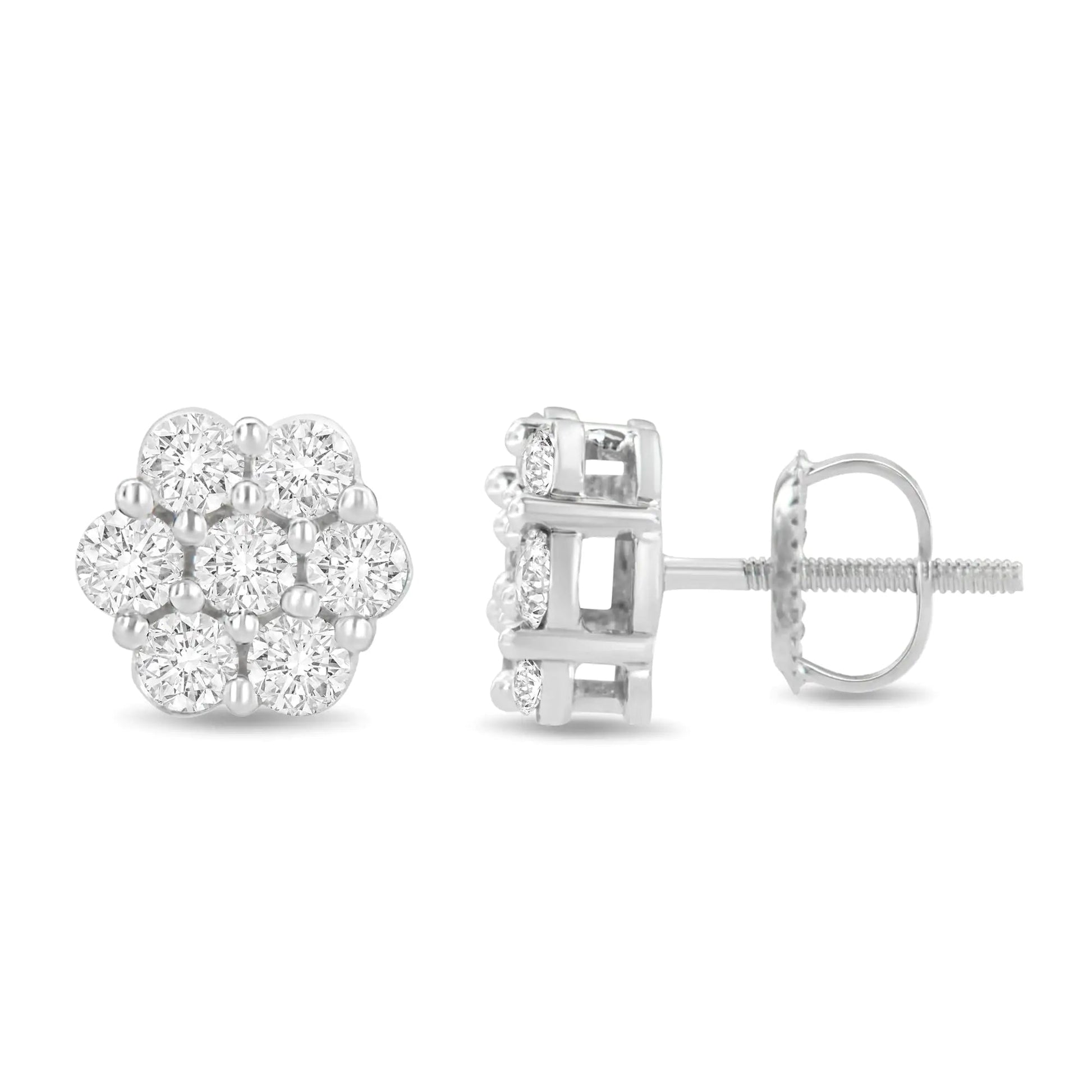 14K White Gold 1 1/2 cttw Prong Set Round-Cut Diamond Floral Cluster Stud Earrings (I-J Color, SI1-SI2 Clarity) WEM Support (www.WEM.support)