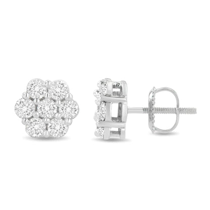14K White Gold 1 1/2 cttw Prong Set Round-Cut Diamond Floral Cluster Stud Earrings (I-J Color, SI1-SI2 Clarity) WEM Support (www.WEM.support)
