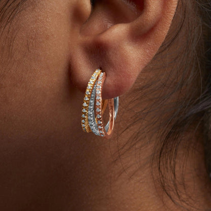 14K Tri-Toned Gold 1/3 Cttw Diamond Triple Hoop Earrings (I-J Color, I2-I3 Clarity) - 22 MM WEM Support (www.WEM.support)