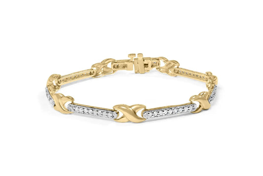 10K Yellow Gold 1.00 Cttw Pave Set Diamond Bar and  X-Link 7" Bracelet (I-J Color, I3 Quality) WEM Support (www.WEM.support)