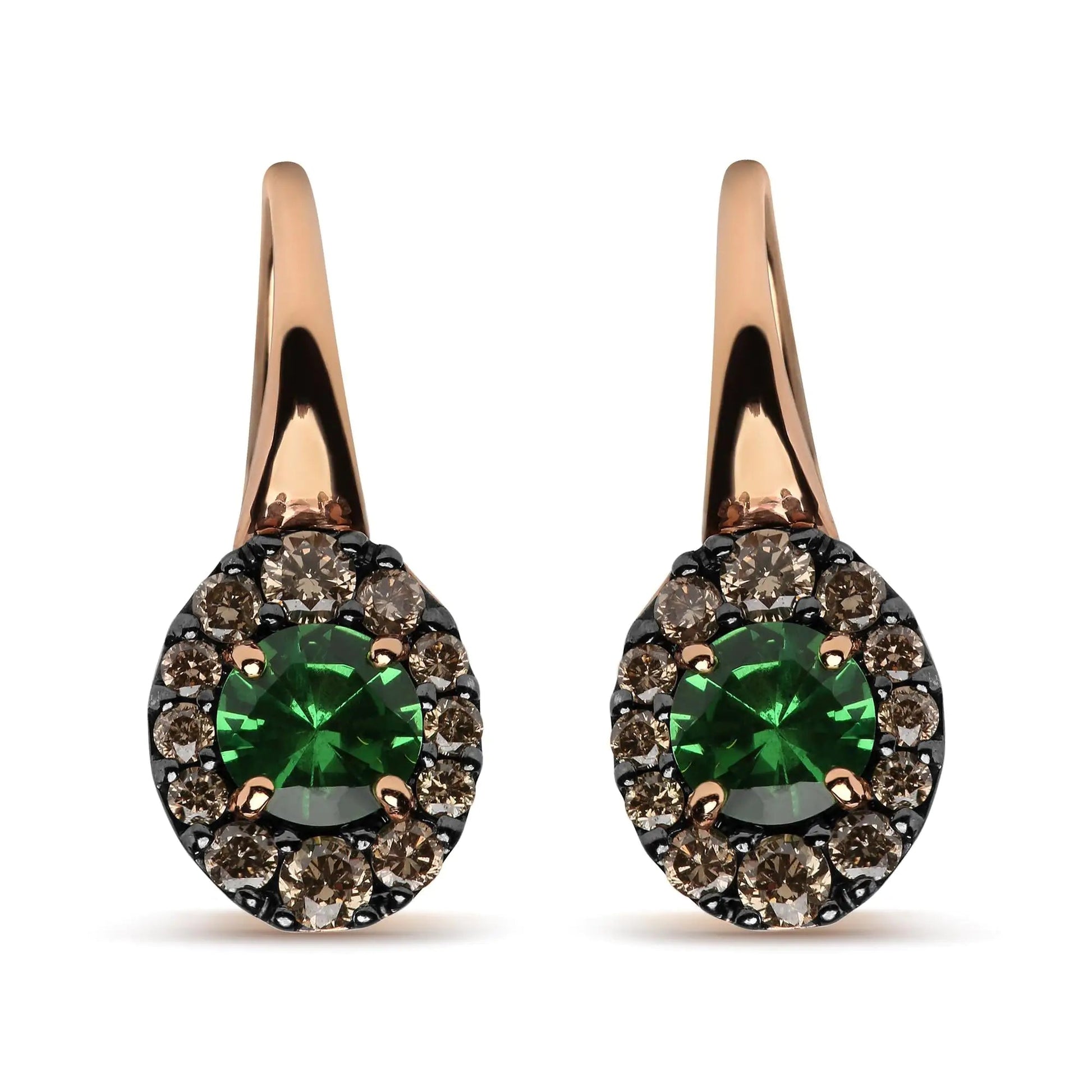 18K Rose and White Gold 3/8 Cttw Round Brown Diamonds and Round Green Tsavorite Gemstone Halo Drop Hoop Earrings (Brown Color, SI1-SI2 Clarity) WEM Support (www.WEM.support)