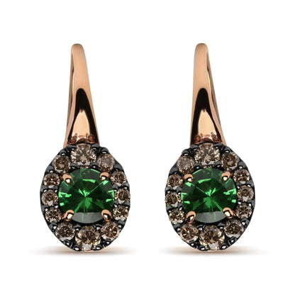 18K Rose and White Gold 3/8 Cttw Round Brown Diamonds and Round Green Tsavorite Gemstone Halo Drop Hoop Earrings (Brown Color, SI1-SI2 Clarity) WEM Support (www.WEM.support)