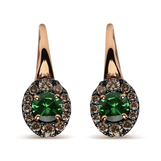 18K Rose and White Gold 3/8 Cttw Round Brown Diamonds and Round Green Tsavorite Gemstone Halo Drop Hoop Earrings (Brown Color, SI1-SI2 Clarity) WEM Support (www.WEM.support)