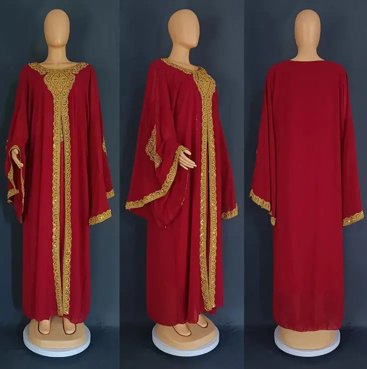 Two Piece Set Gold Kaftan Abaya Dress WEM Support (www.WEM.support)
