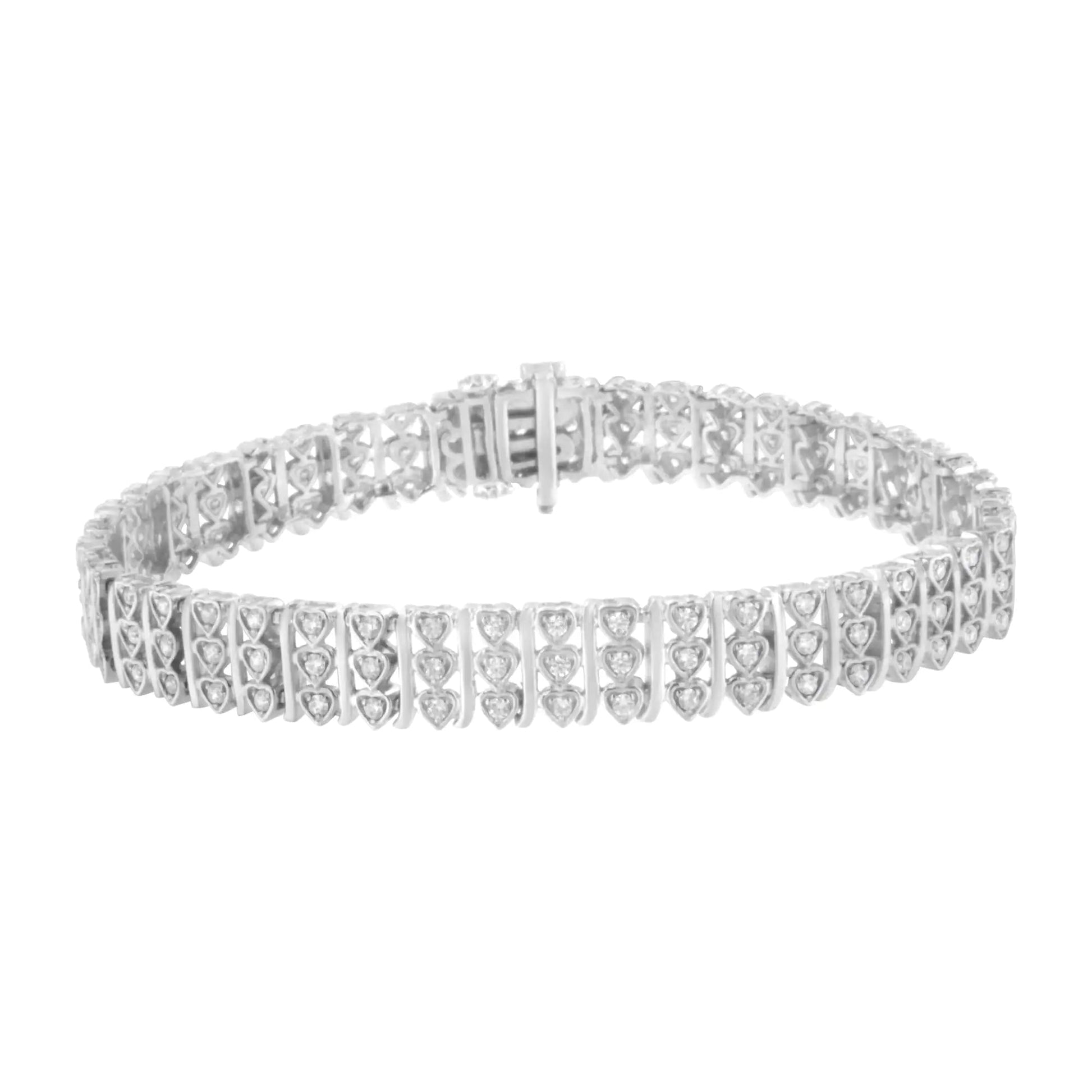 .925 Sterling Silver 1 1/2 cttw Round Diamond 3 Row Heart Link Bracelet (I-J Color,I3 Clarity) - 7.25 " WEM Support (www.WEM.support)