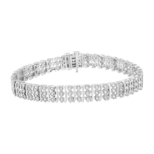 .925 Sterling Silver 1 1/2 cttw Round Diamond 3 Row Heart Link Bracelet (I-J Color,I3 Clarity) - 7.25 " WEM Support (www.WEM.support)