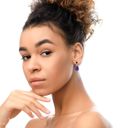 18K Rose Gold Flash Plated .925 Sterling Silver Purple Enamel 1/5 Cttw Round Pave-Set Diamond and 5.5 x 4mm Pear-Shaped Black Onyx Drop Earrings (F-G Color, VS1-VS2 Clarity) WEM Support (www.WEM.support)