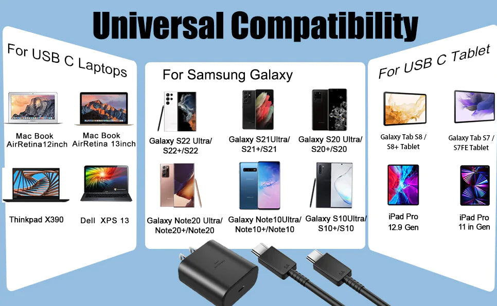 45W USB-C Super Fast Wall Charger 10FT Cable For Samsung Galaxy S20 S21 S22 S23 WEM Support (www.WEM.support)