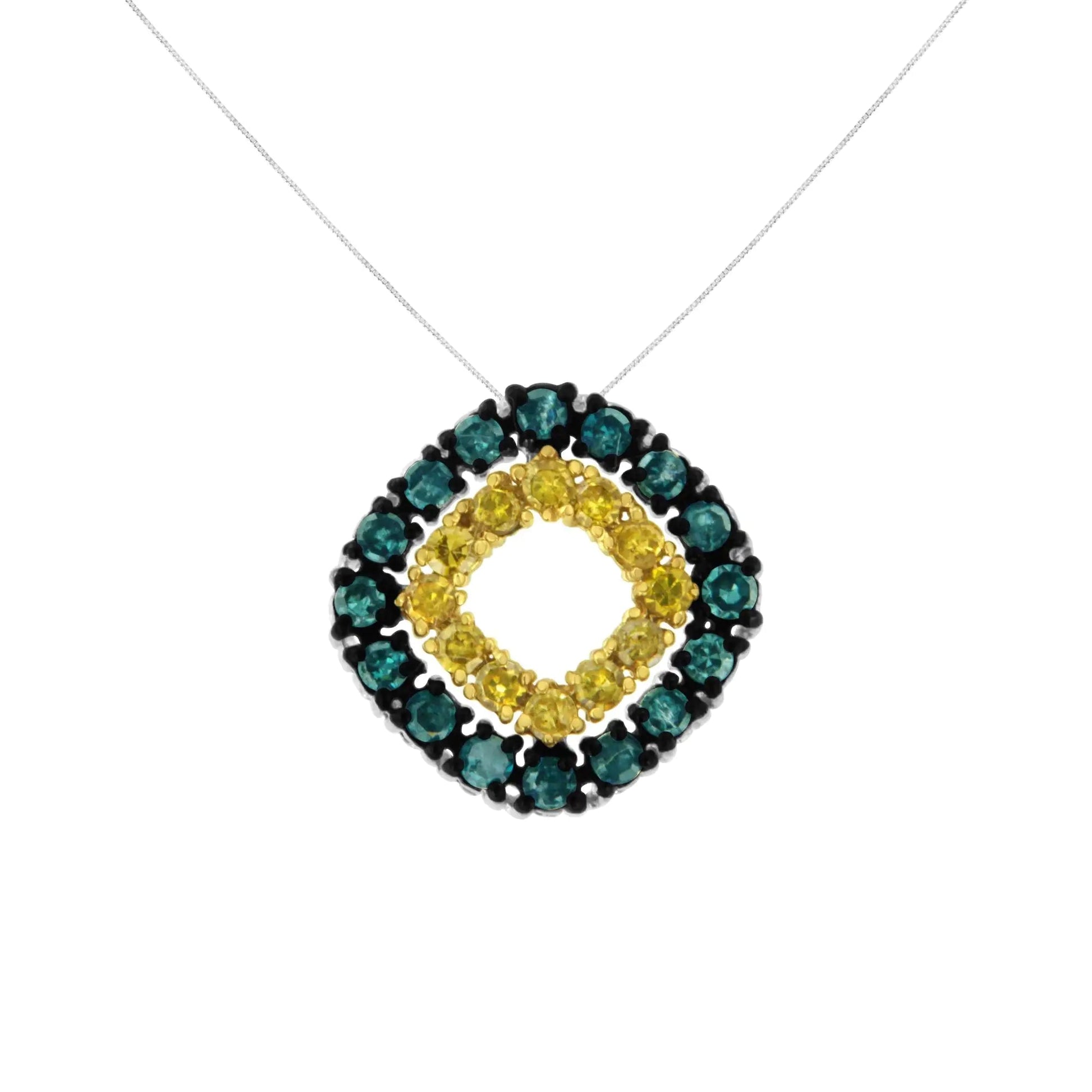.925 Sterling Silver 1/2 Cttw Treated Blue and Yellow Diamond Double Square 18" Pendant Necklace (Blue/Yellow Color, I2-I3 Clarity) WEM Support (www.WEM.support)