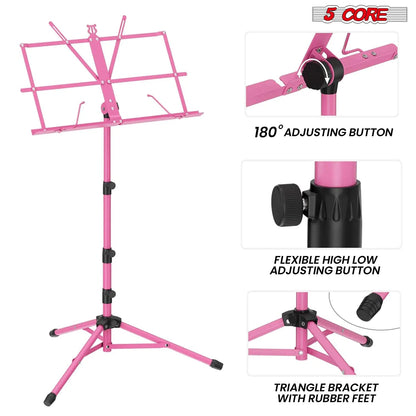 Suporte de Música 5Core para Partituras, Portátil, Tripé Ajustável, Dobrável, Porta-Notas, Rosa Intenso WEM Support (www.WEM.support)