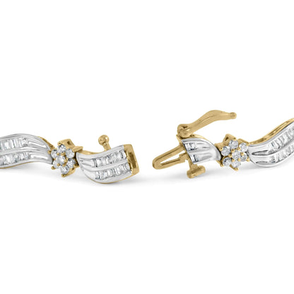 10K Yellow and White Gold 3.00 Cttw Diamond Cluster and Wave Link Bracelet (I-J Color, I1-I2 Clarity) - 7.25" WEM Support (www.WEM.support)