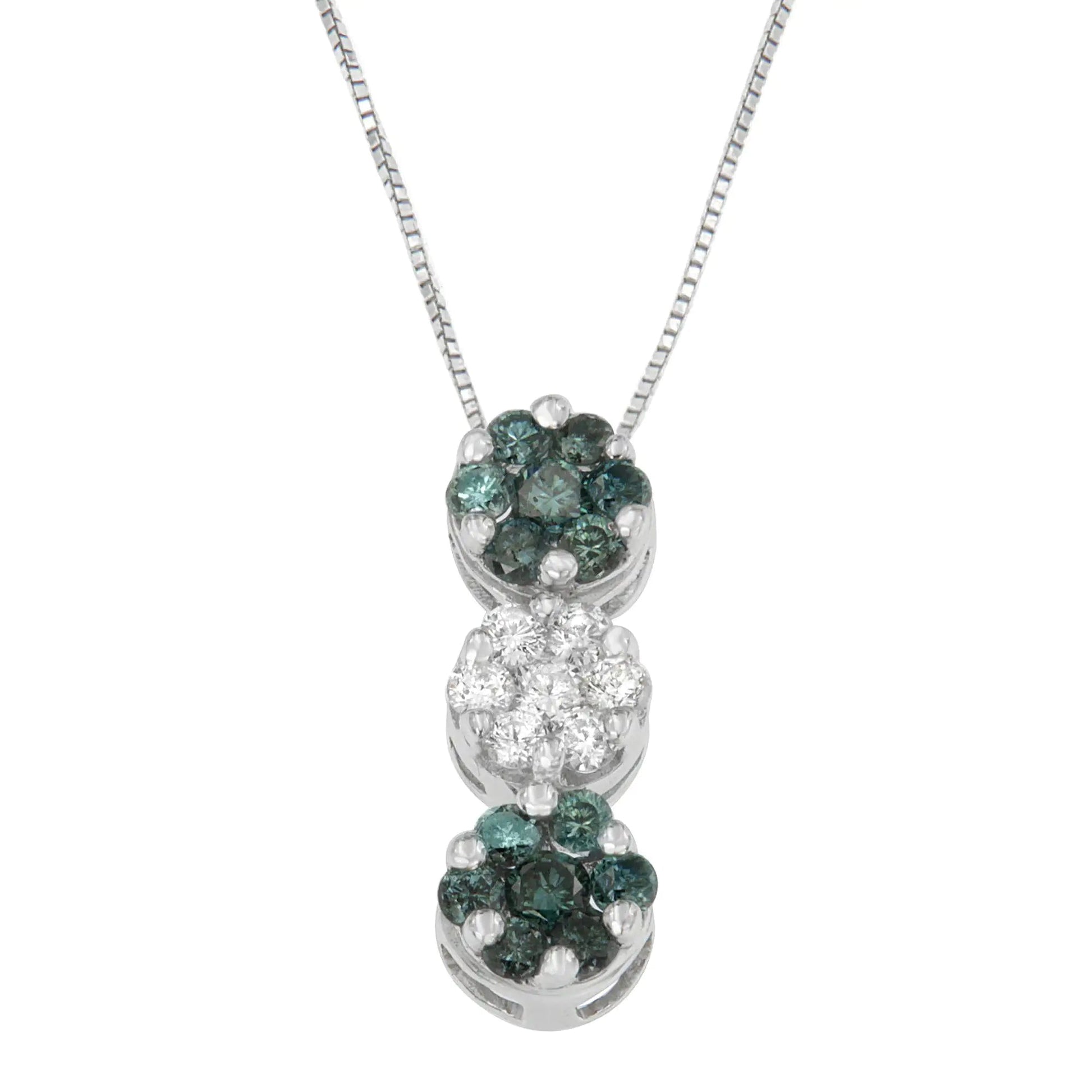 14K White Gold 1 cttw Round Cut White and Treated Blue Diamond Floral Cluster Pendant Necklace (H-I, SI1-SI2) WEM Support (www.WEM.support)