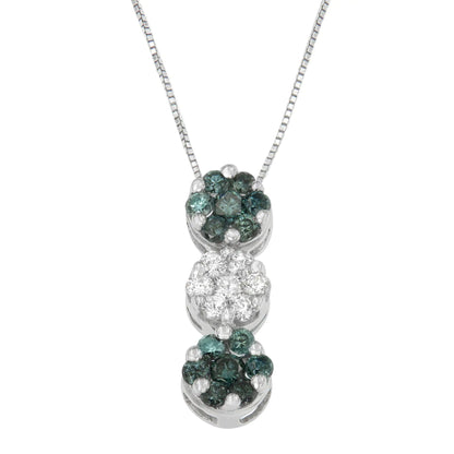 14K White Gold 1 cttw Round Cut White and Treated Blue Diamond Floral Cluster Pendant Necklace (H-I, SI1-SI2) WEM Support (www.WEM.support)