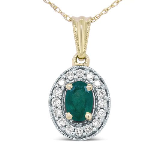 14K Yellow Gold 6x4mm Emerald and 1/5 Cttw Round Diamond Halo Pendant 18" Necklace - (H-I Color, SI1-SI2 Clarity) WEM Support (www.WEM.support)