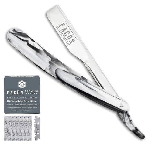 100 BLADES + Facón Professional Marble Straight Edge Barber Razor - Salon Quality Cut Throat Shavette The Crusader My Store