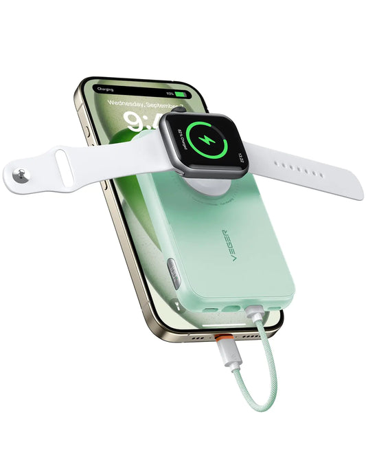 VEGER Portable Charger with Built in Cable(Removable), 10000mAh Mini Power Bank Battery Pack, PD 20W Fast Charger Travel Accessory Compatible with iPhone 15/14/13 Pro Max, Sumsang, Apple Watch-Green