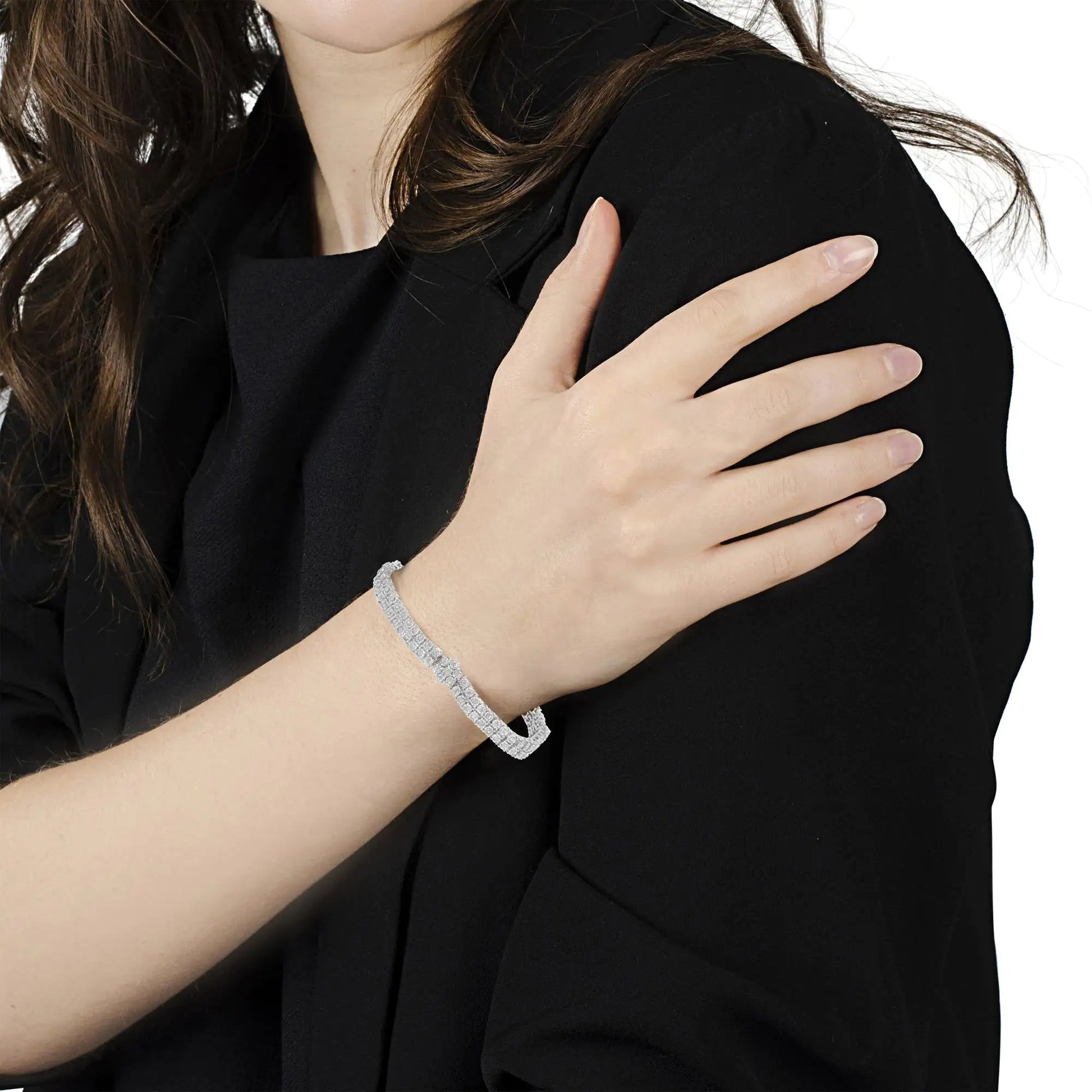.925 Sterling Silber Diamant Doppelreihe und Blumencluster Tennisarmband (2 Karat, I-J Farbe, I3 Reinheit) - Größe 7.25" WEM Support (www.WEM.support)