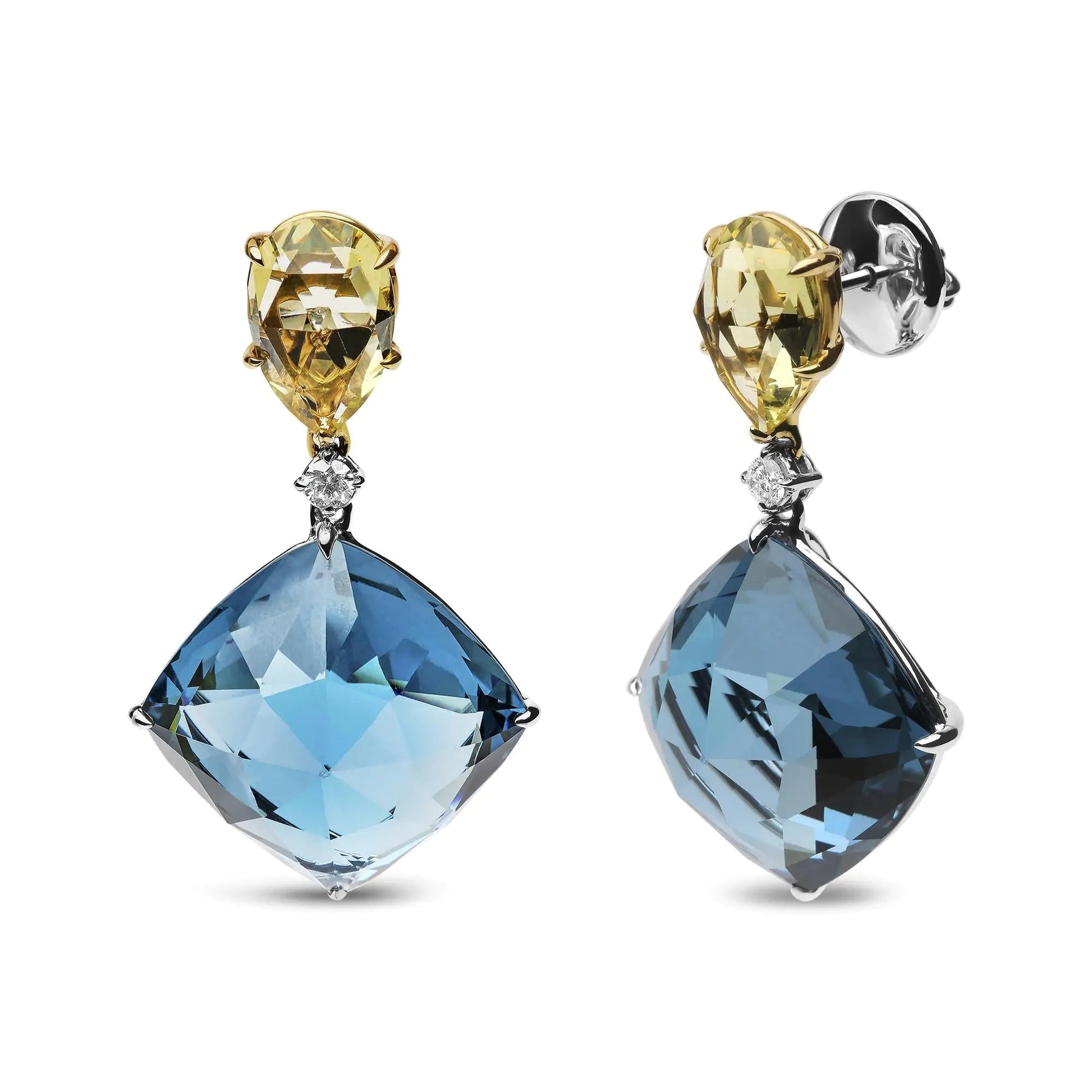 18K White and Yellow Gold 1/5 Cttw Diamond with Pear Cut Lemon Quartz, and Cushion Cut London Blue Topaz Gemstone Dangle Earring (G-H Color, SI1-SI2 Clarity) WEM Support (www.WEM.support)