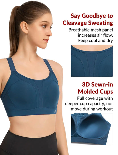 Yvette Sports Bra High Impact Adjustable Criss Cross Back, Full Support for Large Bust No Bounce Dark Royal Blue Medium Blue High Impact Bra My Store